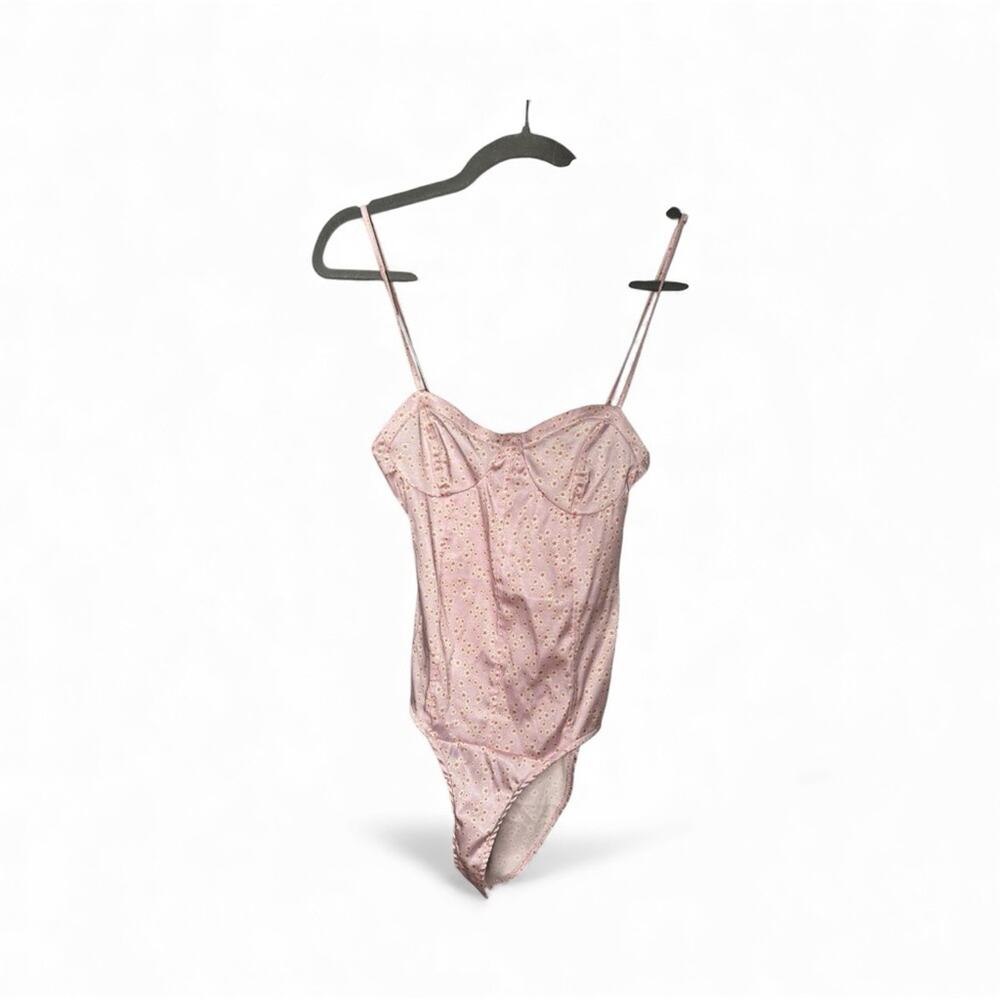 Zara Pink White Floral Satin Bodysuit Sweetheart Neck Medium